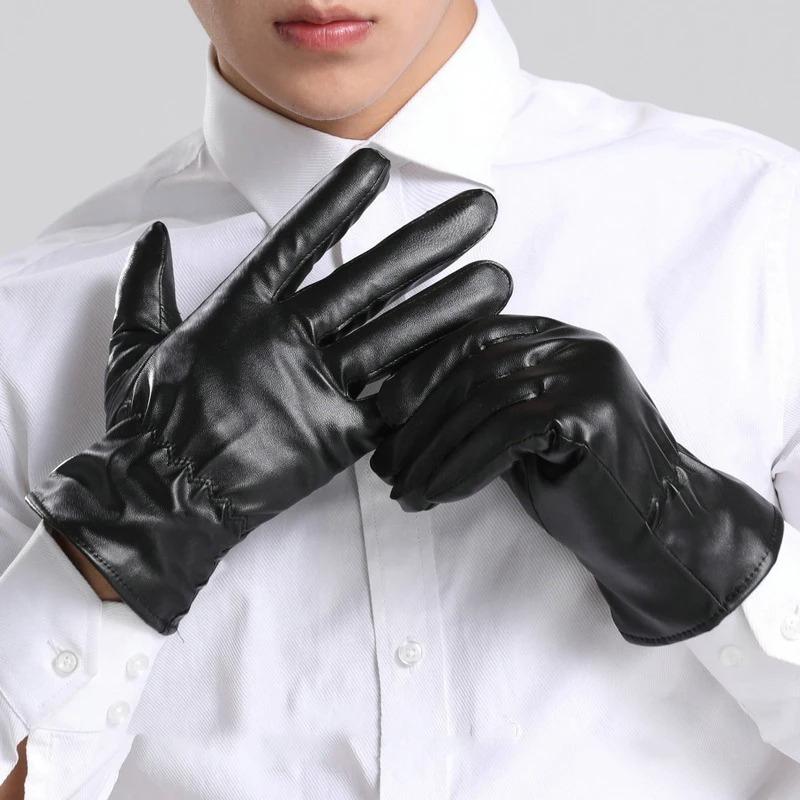 1pair Men's PU Leather Winter Autumn Driving Keep Warm Gloves Fleece Tactical Gloves Black Outdoor Sports Waterproof Mitten