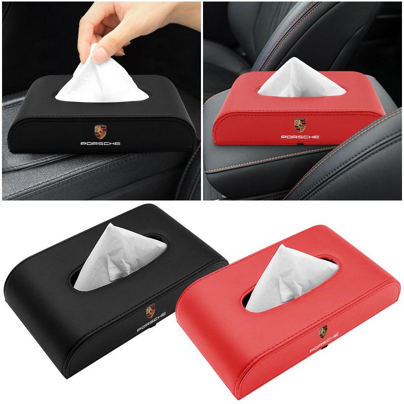Leather Car Tissue Box Hanging Badge Paper Towel Bag Storage Auto Accessories For Porsche Cayenne Panamera Macan Boxster 911 Carrera-GT 928 944 918