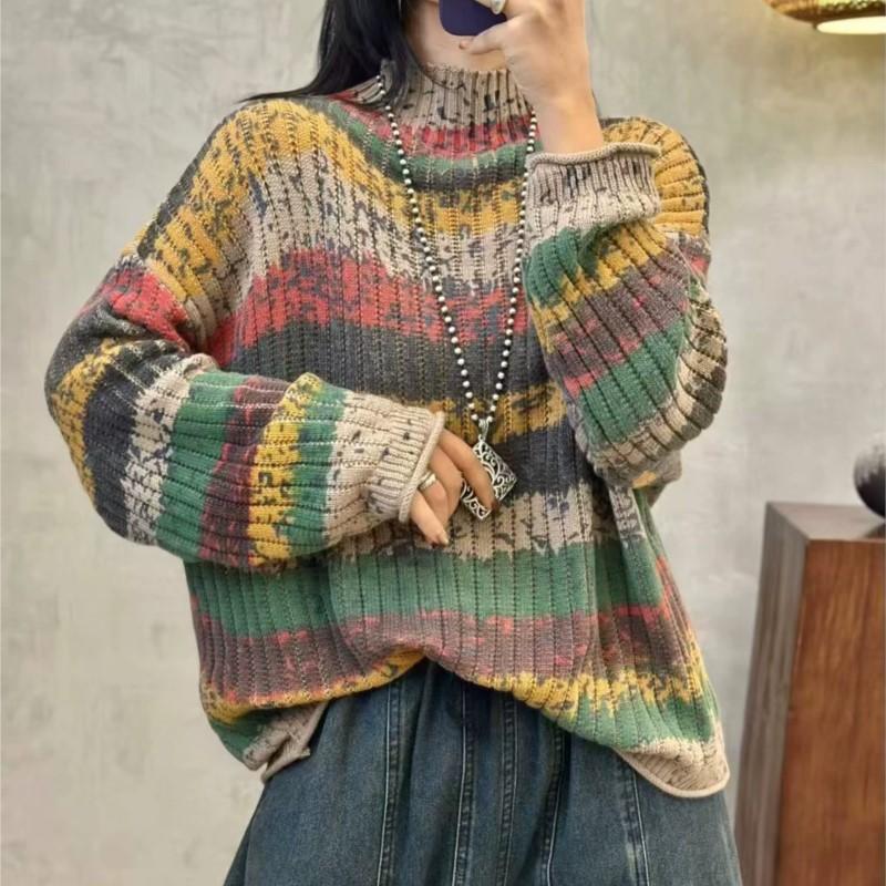Johnature Women Vintage Striped Pullover Sweaters Mock Neck Long Sleeve Spring Long Sleeve Casual Sweaters