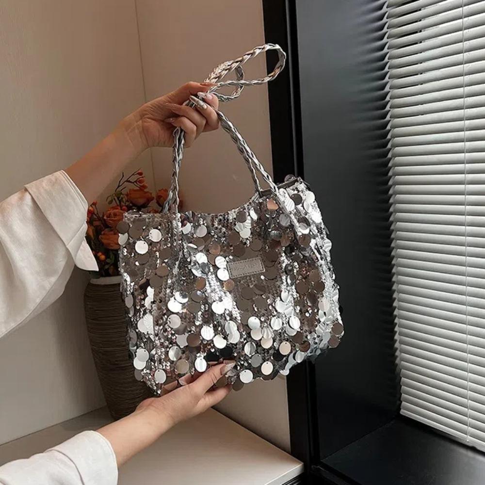 New Sparkling Sequin Shoulder Bags Large Capacity Zipper Closure Fashion Handbag Solid Color Tote Bag Women