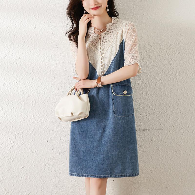 

Plus Size Women s 2026 Summer Lace Patchwork Denim Dress - Light Luxury & Mature Style 3XL