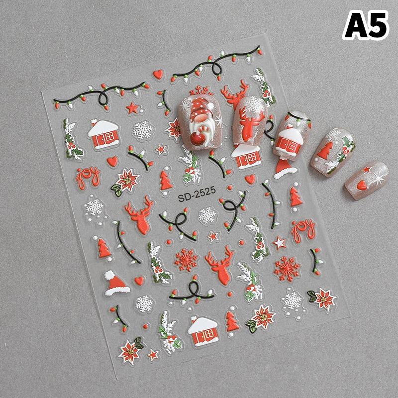 5D Embossed Christmas Nail Stickers Christmas Tree, Snowflakes, Elk, Snowman Nail Decal Autumn Winter Nail Supplies Decoration