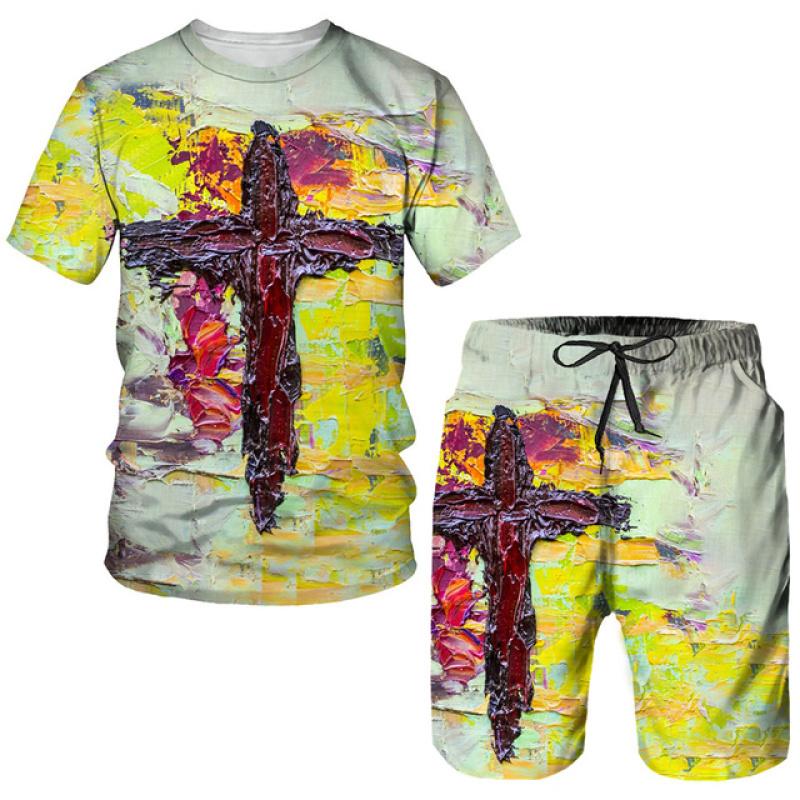 Herren Glaube Kreuz Farbverlaufsdruck T-Shirts/Shorts/Sets Christliche Bibel Glaube Jesus Gott T-Shirt Anzug Mode Streetwear Paar Outfits