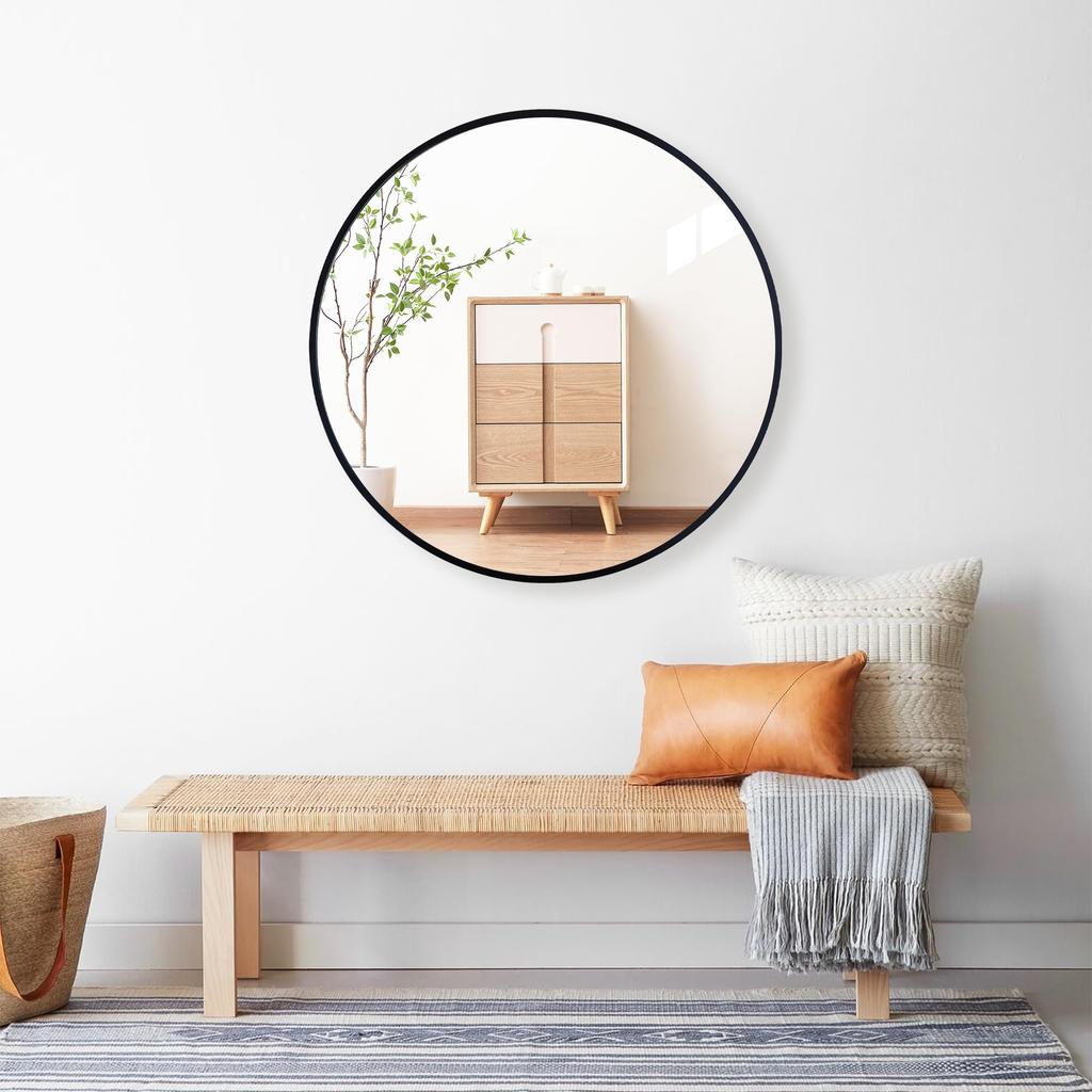 Round Wall Mirror, Bathroom Mirror, Aluminum Frame, Vanity Mirror, Entryway, Bathroom, Toilet (Black, 40cm Diameter)
