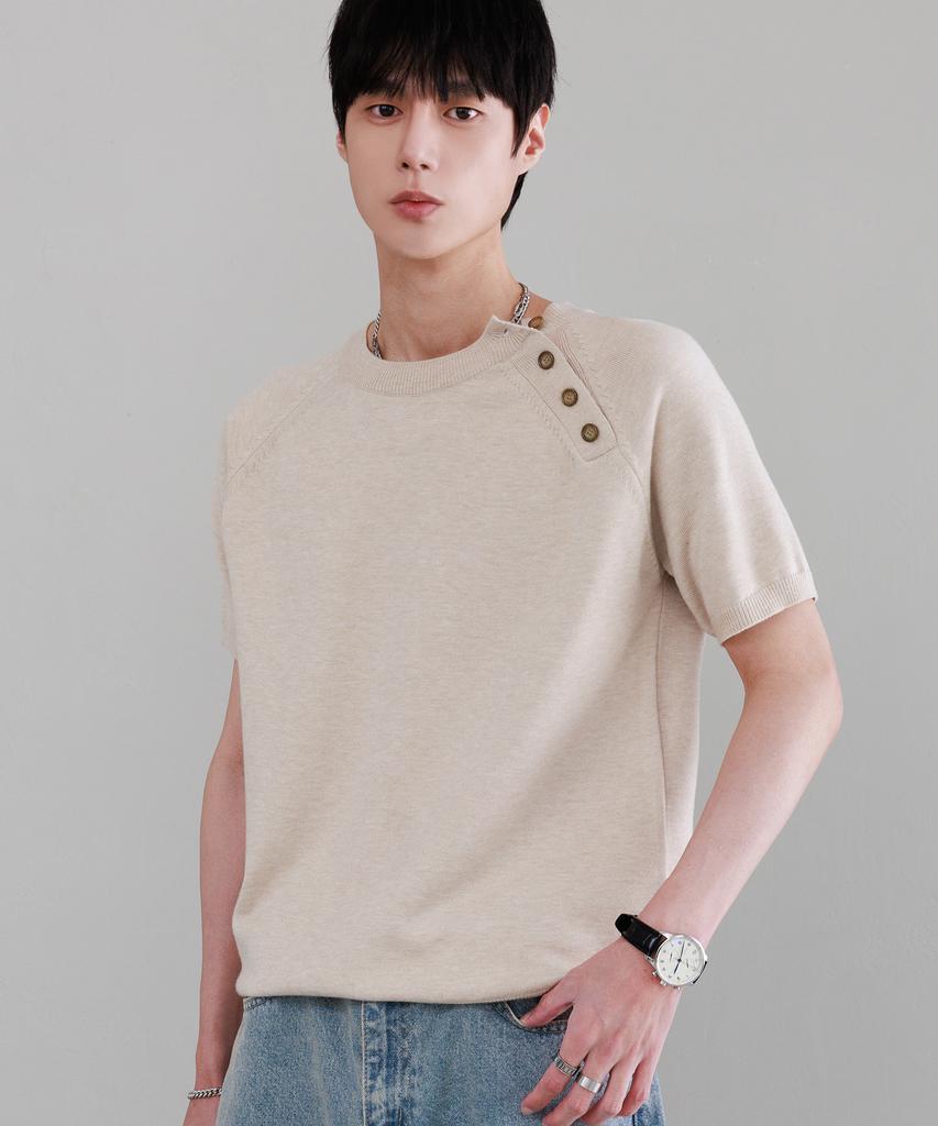 NODU Shoulder Button Raglan Crop Half Knit [Oatmeal]