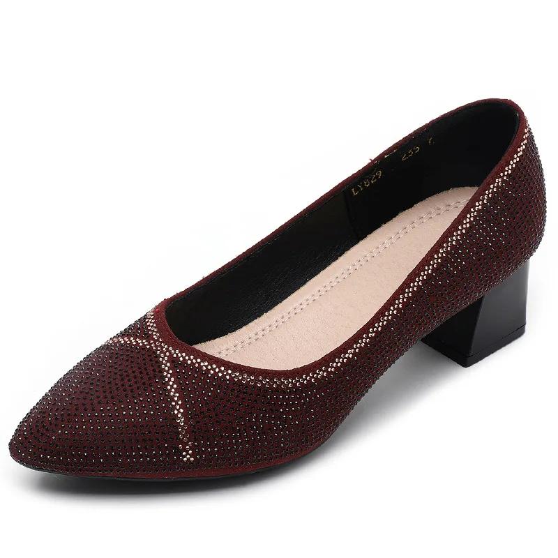 

Женская обувь из натуральной кожи, туфли-лодочки с острым носком и стразами, на толстом каблуке, для вечеринки, свадьбы, женские лоферы, женские туфли на высоком каблуке 35