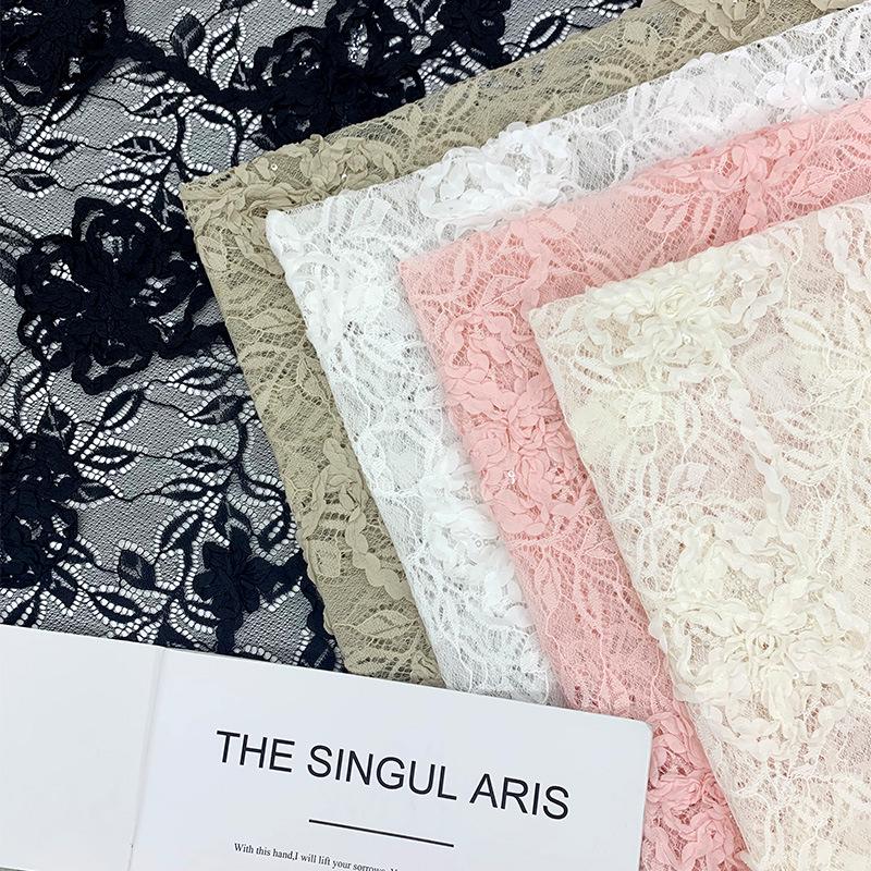 Pink Lace Fabric Roll with 3D Flower, Bead, and Sequin Embroidery for Children's Clothing Accessories