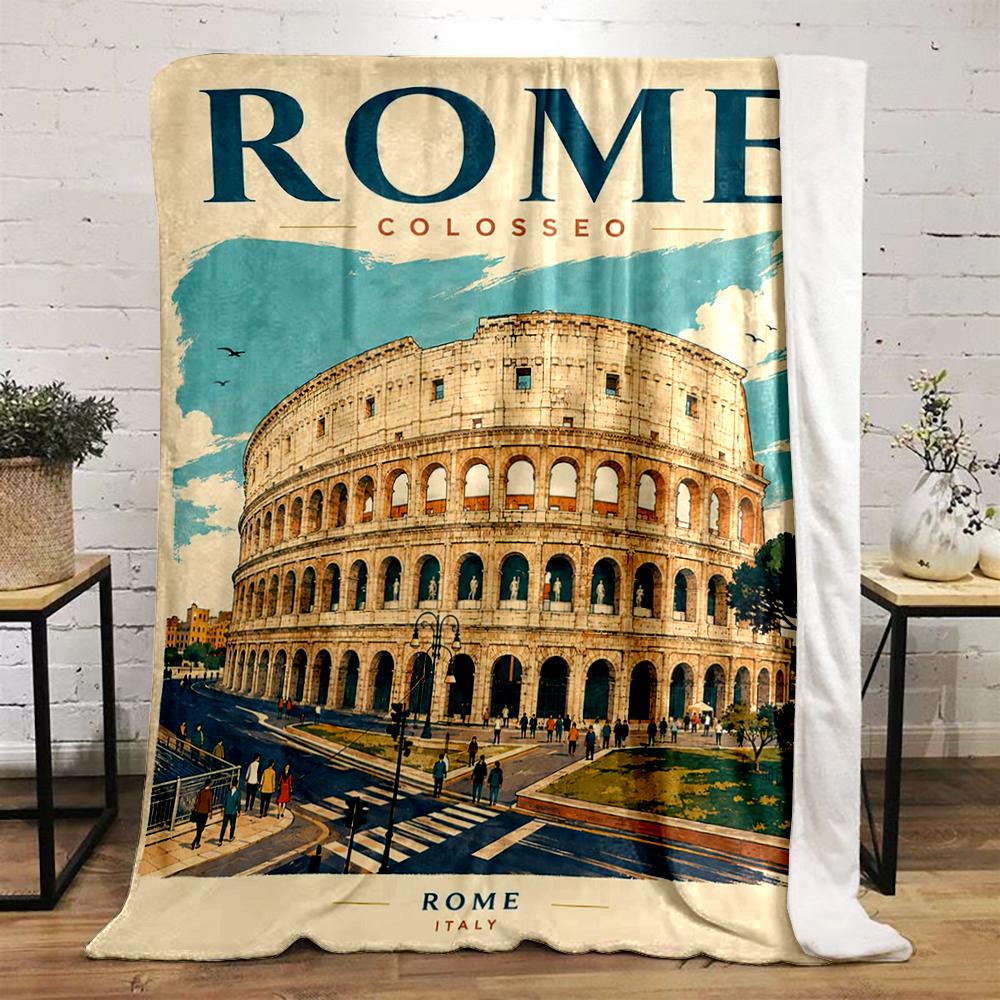 Rome Colosseum Illustration, Italy Travel Art Flannel blanket for bedroom, living room, sofa, and nap.
