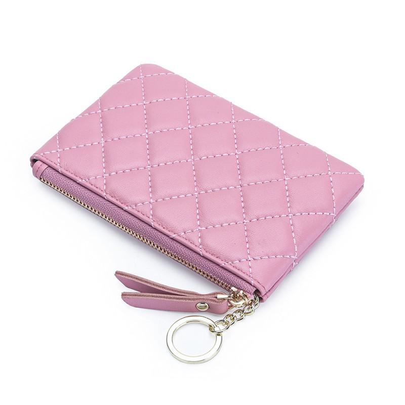 Korean Sheepskin Change Purse Women's Hand-held Key Chain Loose Wallet Diamond-grid Zipper Mini Genuine Leather