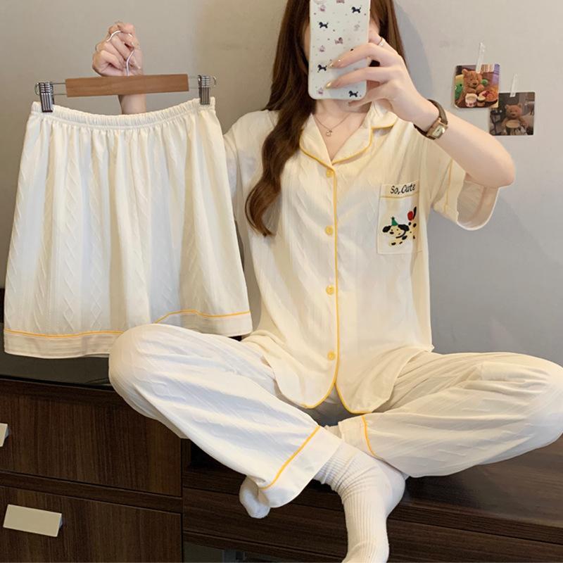 

Puppy cute style imitation cotton jacquard simple pajamas women s summer short-sleeved loungewear three-piece set L [Recommended 100-60kg]