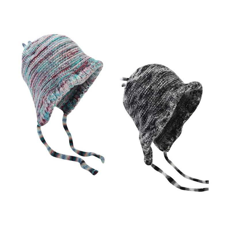 New Rainbow Striped Knitting Wool Beanie Hat Women Girl Winter Warm Crochet Ear Protection Cap Korean Ski Snow Windproof Bonnet