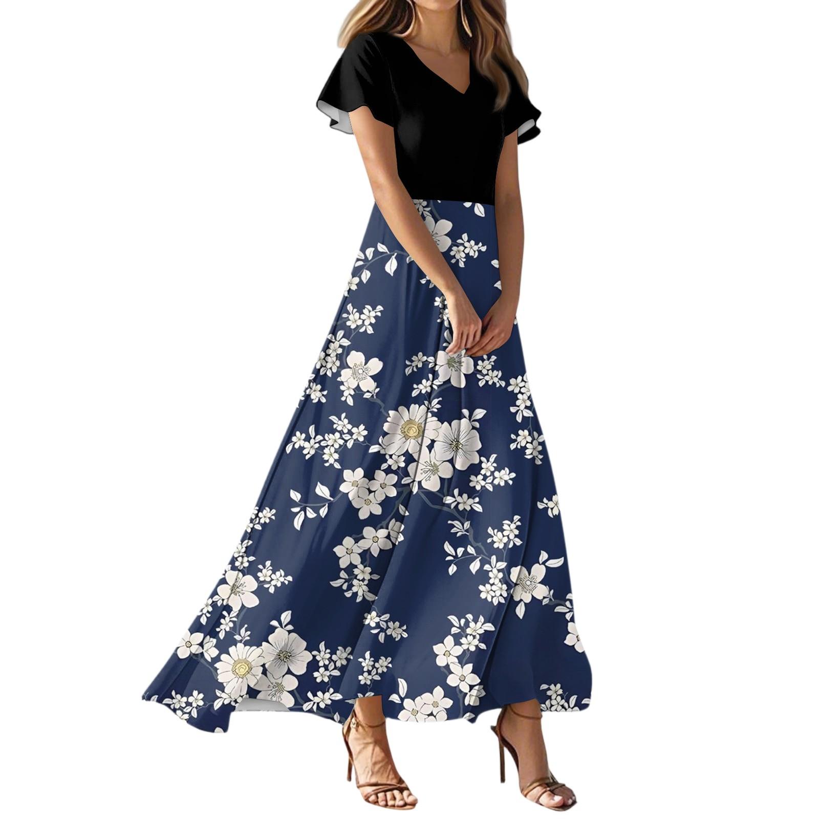 

Женское летнее повседневное модное платье с цветочным принтом и V-образным вырезом с коротким рукавом XL тёмно-синий