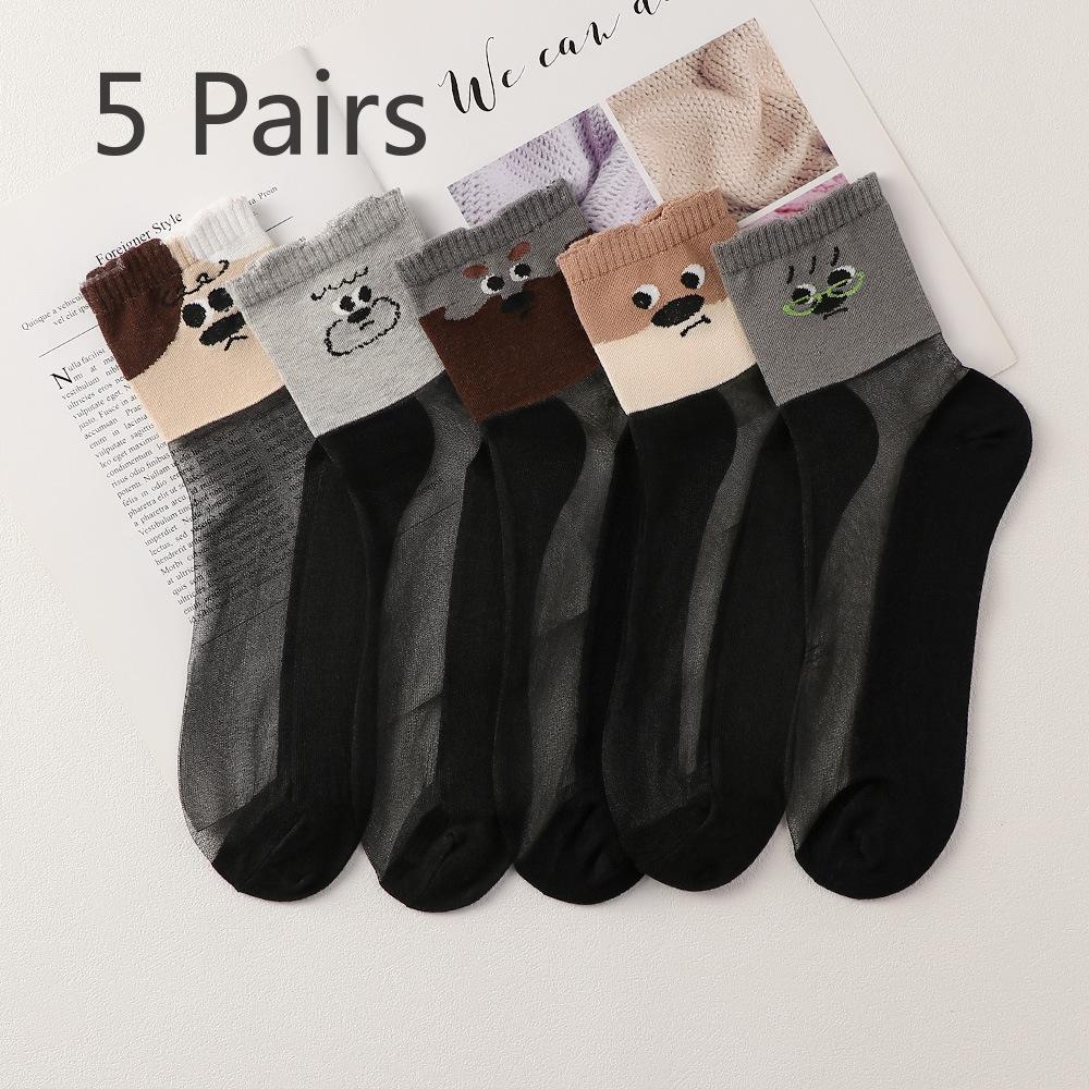 5 Pairs of Ultra-thin Socks with Cotton Soles and Silk Surfaces. The Cuffs Are Loose in Winter To Prevent Fraying. Cartoon Design.
