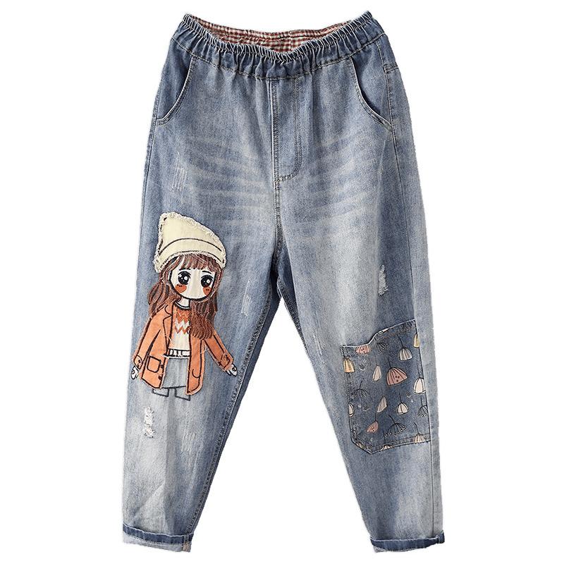Summer Embroidery Cropped Pants Jeans Loose Slimming High Waisted Harem Pants