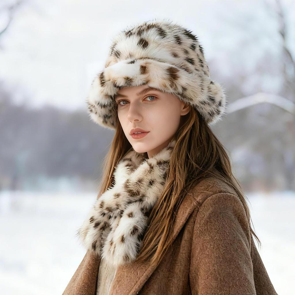 Women's Faux Mink Fur Bucket Hat Scarf Set, Classic Leopard Print Vegan Faux Fur Warm Set, Faux Fur Hat and Scarf For Winter