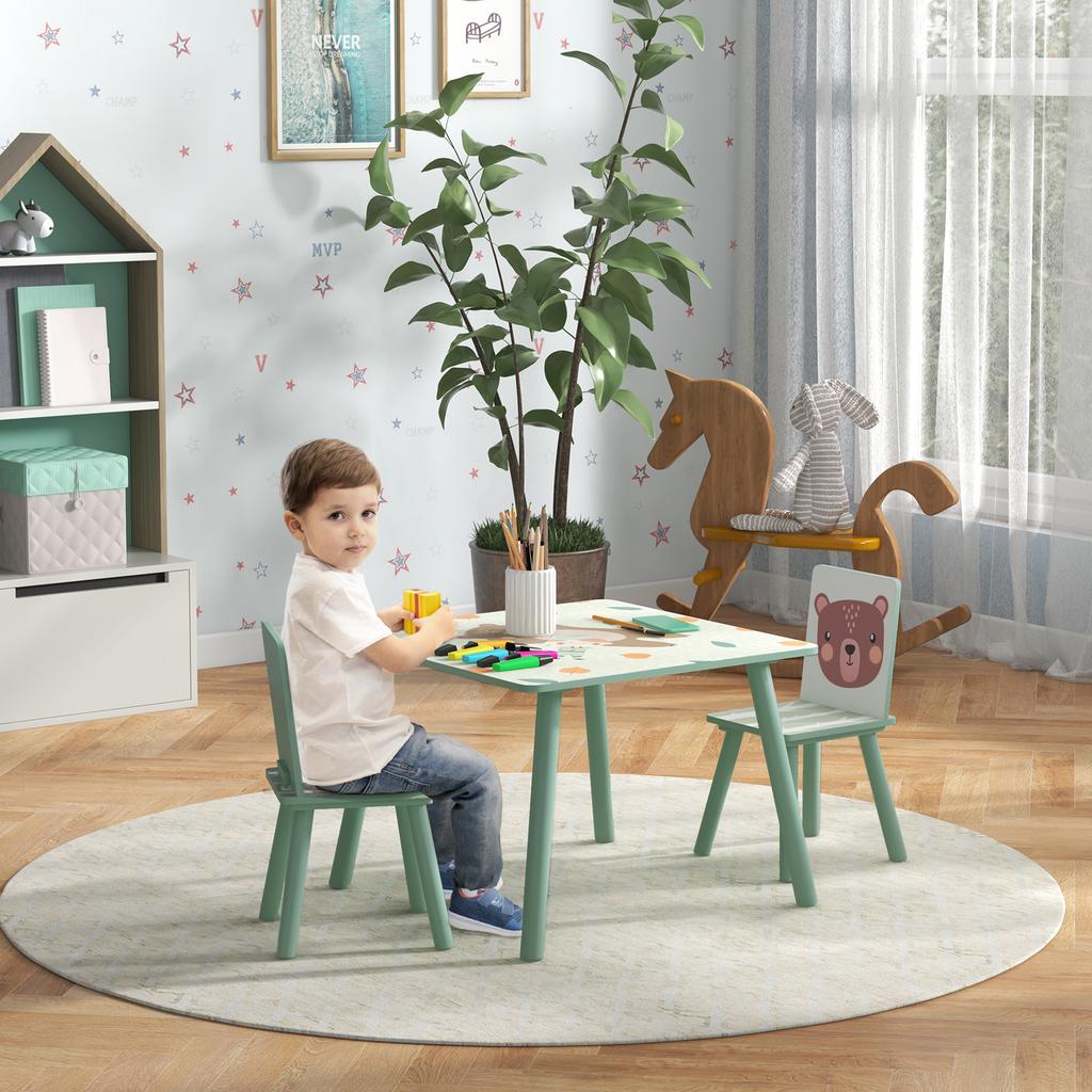 Seating Set for Children 3-8 Years, 1 Table & 2 Chairs, Cute Animal Motif, Green
