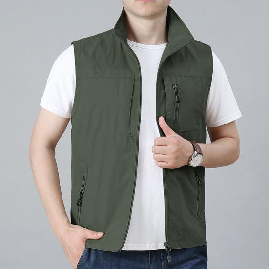 Herren Weste Stehkragen Ärmellos Reißverschluss Einfarbig Weste Mantel mit Taschen Outdoor Angelweste