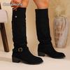Fashion Women's Solid Color Trendy Knight Boots Buckle Decor Chunky Heel Mid Calf Botas Mujer 2025 Autumn Winter Slip on Fashion Boots