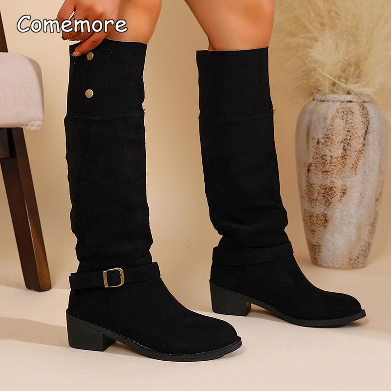 Fashion Women's Solid Color Trendy Knight Boots Buckle Decor Chunky Heel Mid Calf Botas Mujer 2025 Autumn Winter Slip on Fashion Boots