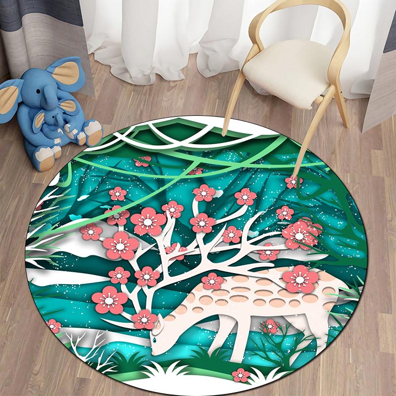 Floor Mat Living Room Rug Children's Crawling Play Area Mat Anime Carpet Door Mat Forest Fawn Round Rug