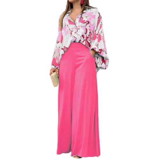 

Women s 2 Piece Outfit Floral Print Long Sleeve Button Down Shirt And High Waist Wide Leg Pants Set Spring Summer Casual Lounge Set S рожевий