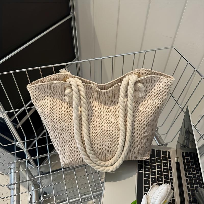 Boho Chic Handwoven Straw Tote Bag - Large Capacity, Lightweight Shoulder Handbag with Double Rope Handles & Decorative Knots for Beach