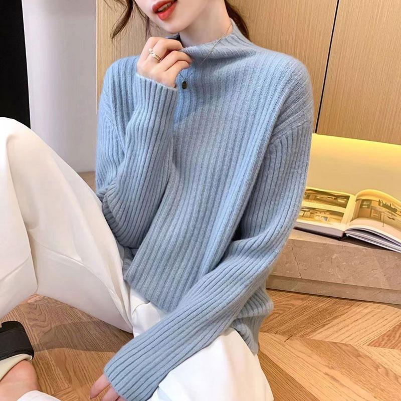 Autumn and Winter Foreign Style Versatile Pit Strip Design Knitted Sweater Solid Color Outer Wear Loose Semi-turtleneck Bottoming Sweater Women's