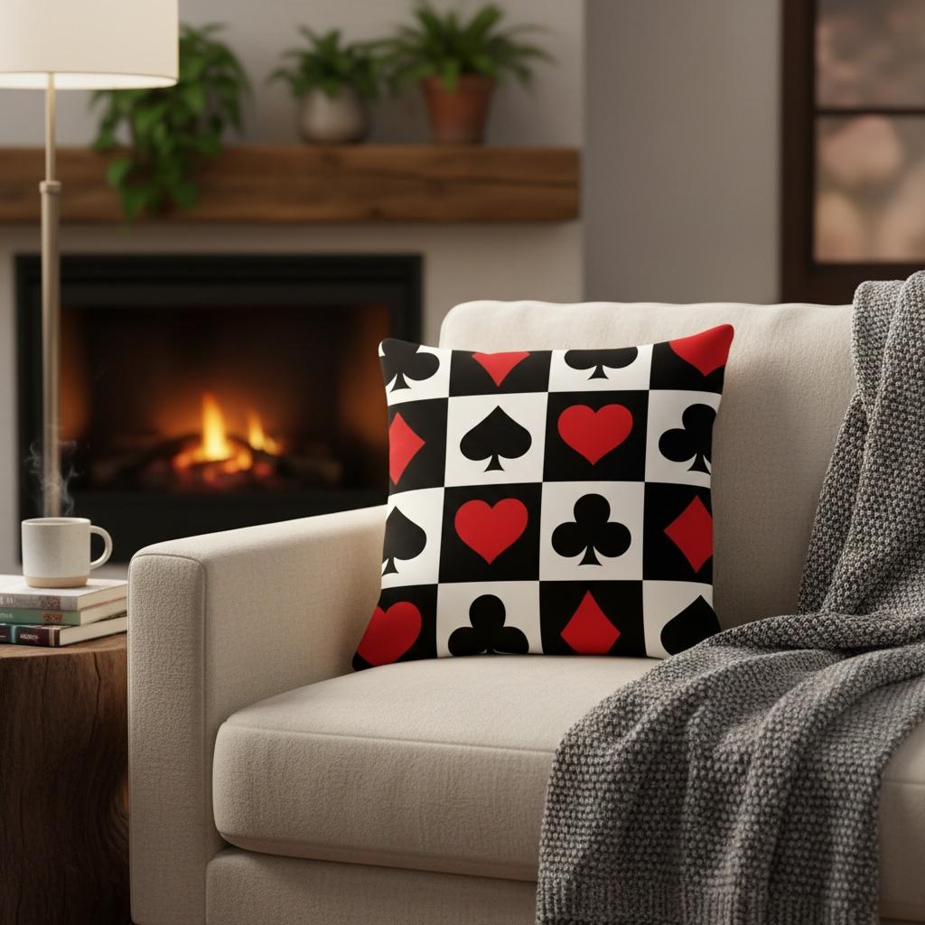 1Pc Playing Card Suits Checkerboard Throw Pillow Cover,Suitable For Sofa, Bedroom, Living Room,Unique Gift For Card Game Lovers.