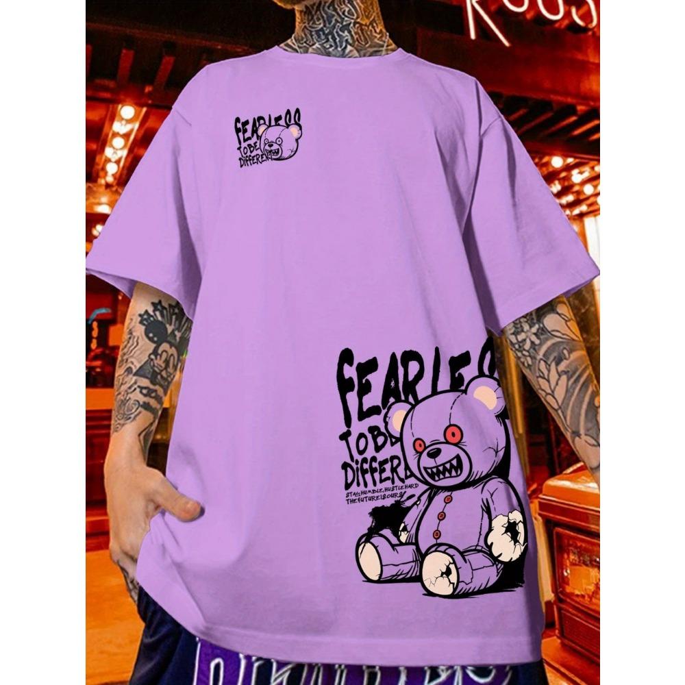 European and American Men's Summer Angry Bear Letter Print Comfortable and Breathable Round Neck T-shirt Outdoor Street Style To