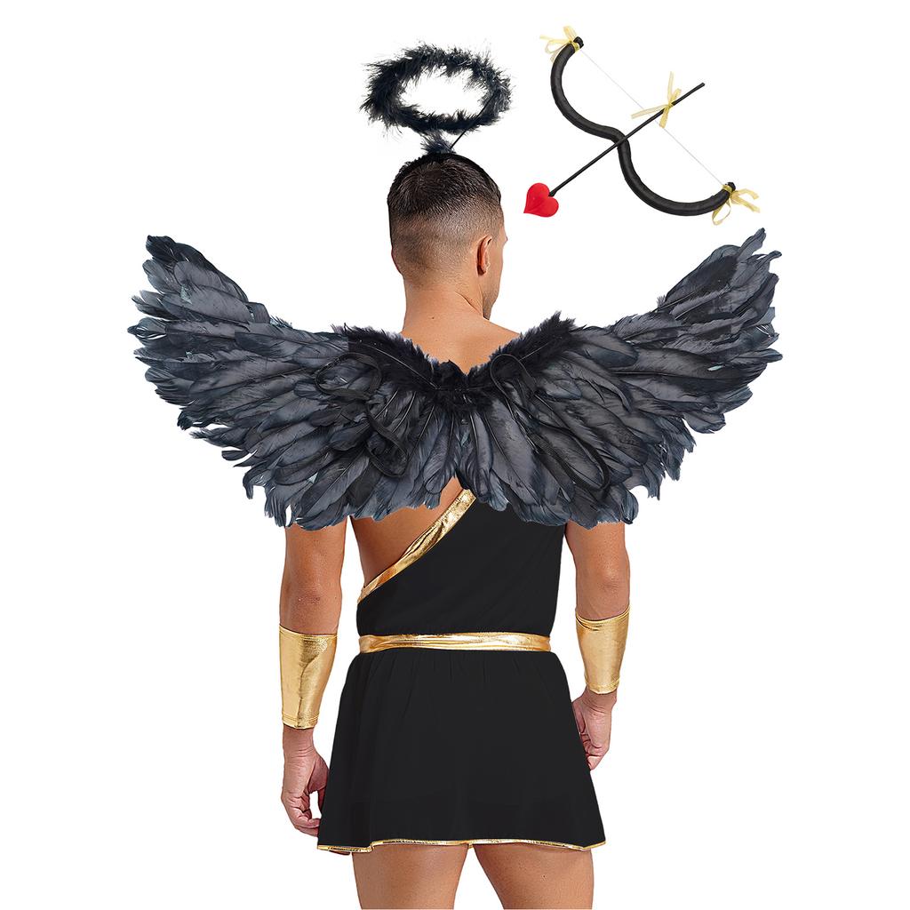 Mens Cupid Costume Set Romper Jumpsuit Detachable Sleeves Feather Angel Wings Headwear M Shaped Bow Heart Arrow