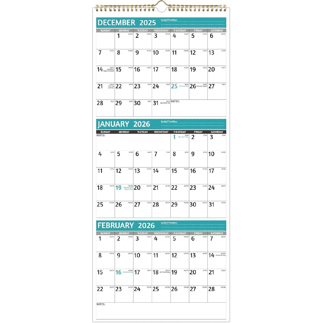 2026 Wall Calendar - 3 Month Calendar 2026 Vertical, Jan 2026 - Dec 2026, 3 Month Wall Calendar 2026, 11 x 26 In Open, 2026 Calendar with Large