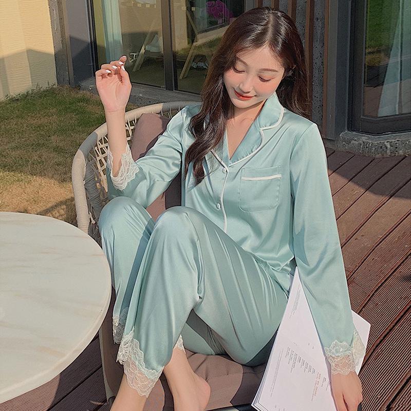 New Pajamas Women'S Spring And Summer Long-Sleeved Cardigan Lace Solid Color High-End Comfortable Loungewear Set Spot