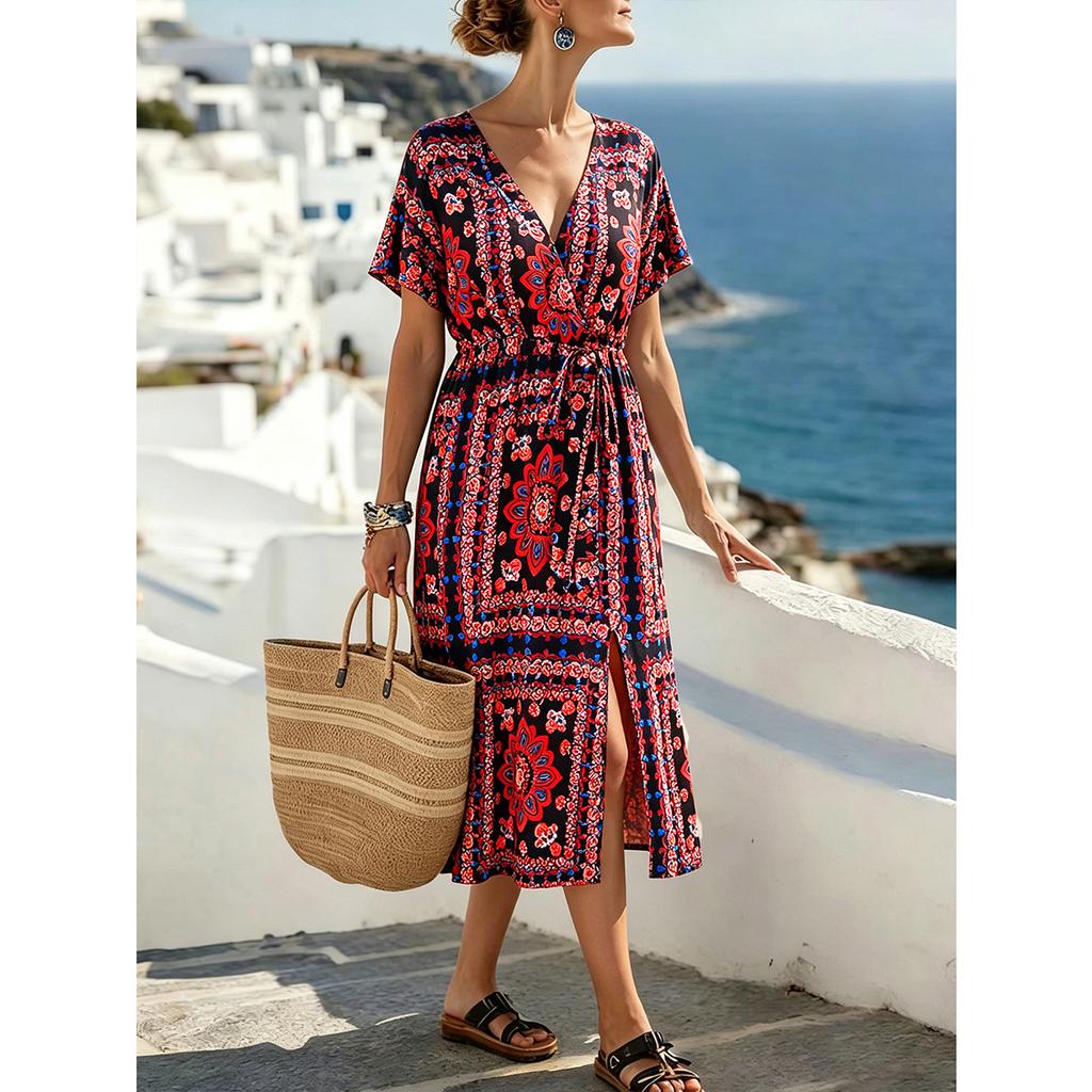 New Arrival Summer Dress Bohemian Printed V Neck Wrap Tie Midi Plus Size Dress Fashion Elegant Comfortable Versatile Dress