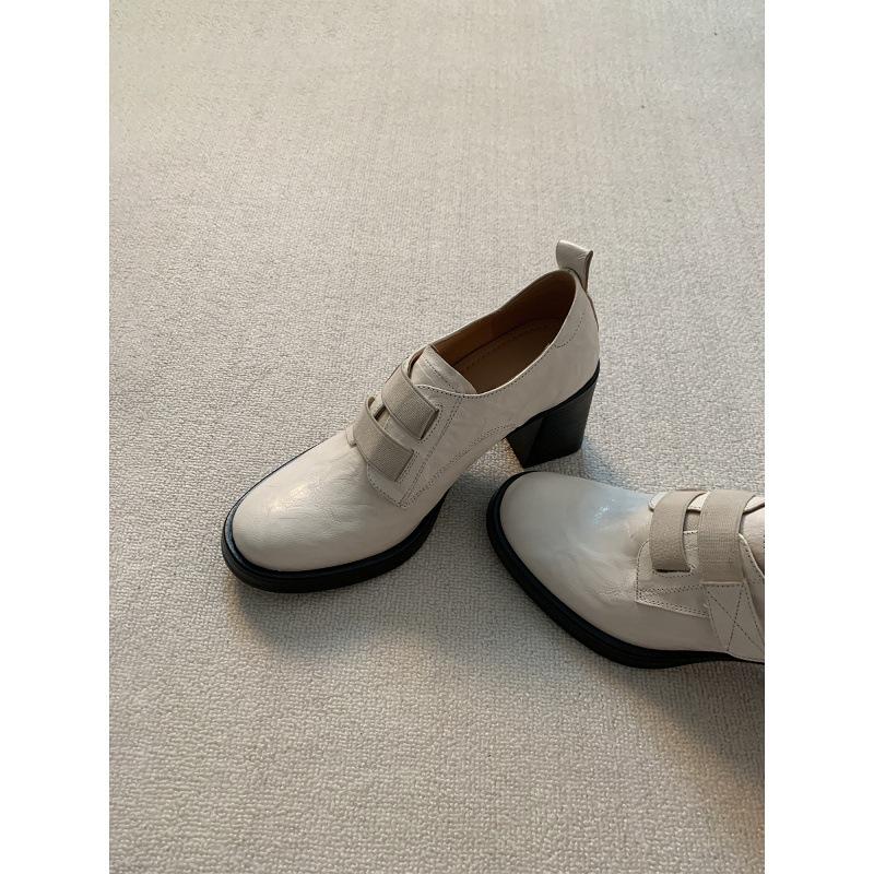 Rindslederversion~ High Heel Slipper runde Spitze Retro Britisch Klettverschluss dicker Absatz kleine Lederschuhe Weiblichkeit tiefer Ausschnitt einzelne Schuhe