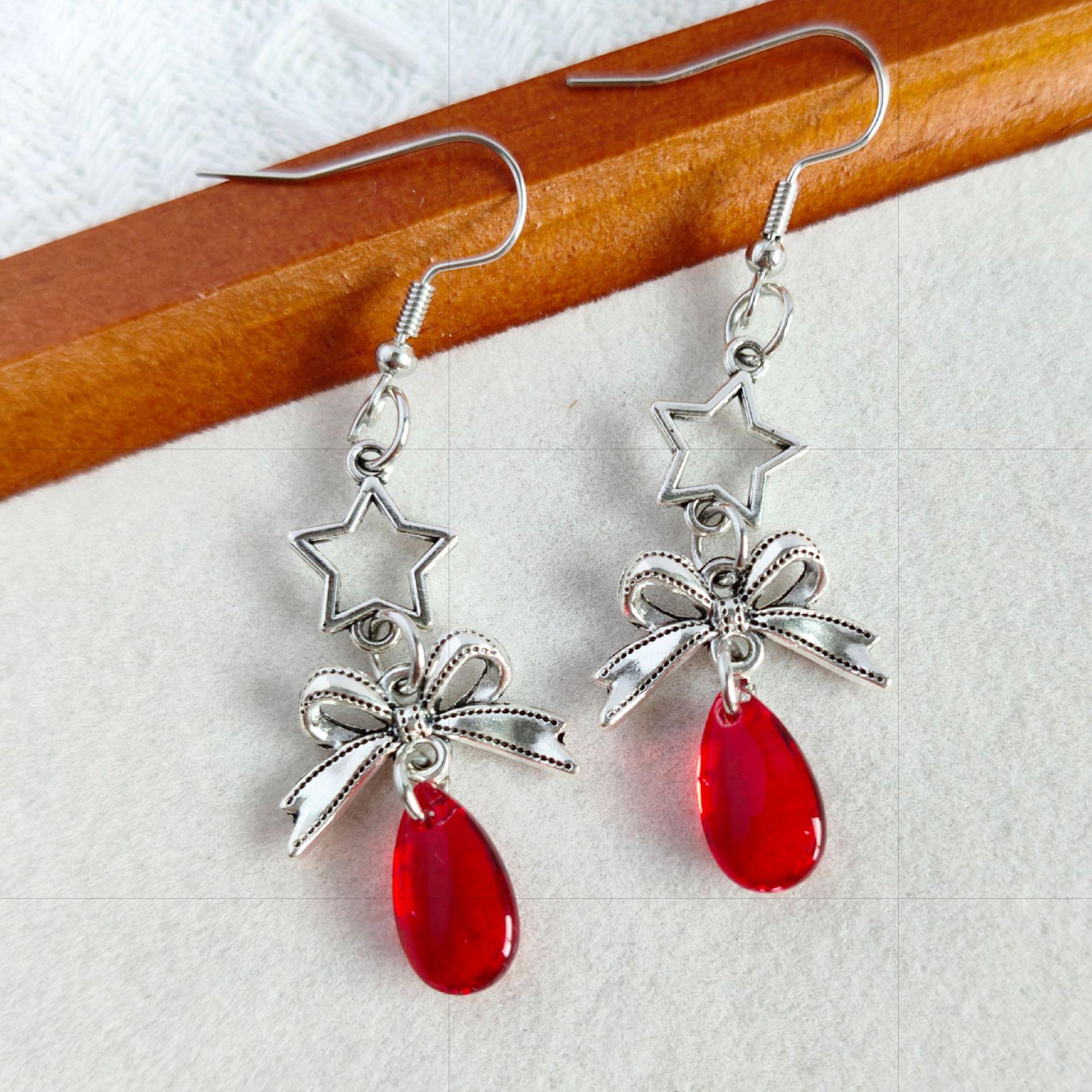 

Sweet Bow Red Water Drop Earrings with Glass Pendants