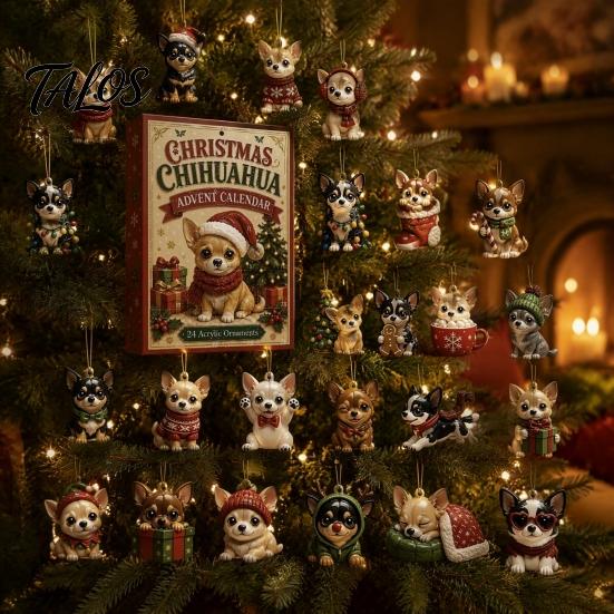 Pet Themed Holiday Party Supplies 24 Day Dog Advent Calendar, Cute 2D Flat Chihuahua Hanging Ornaments, Calendar Different Acrylic Pendants