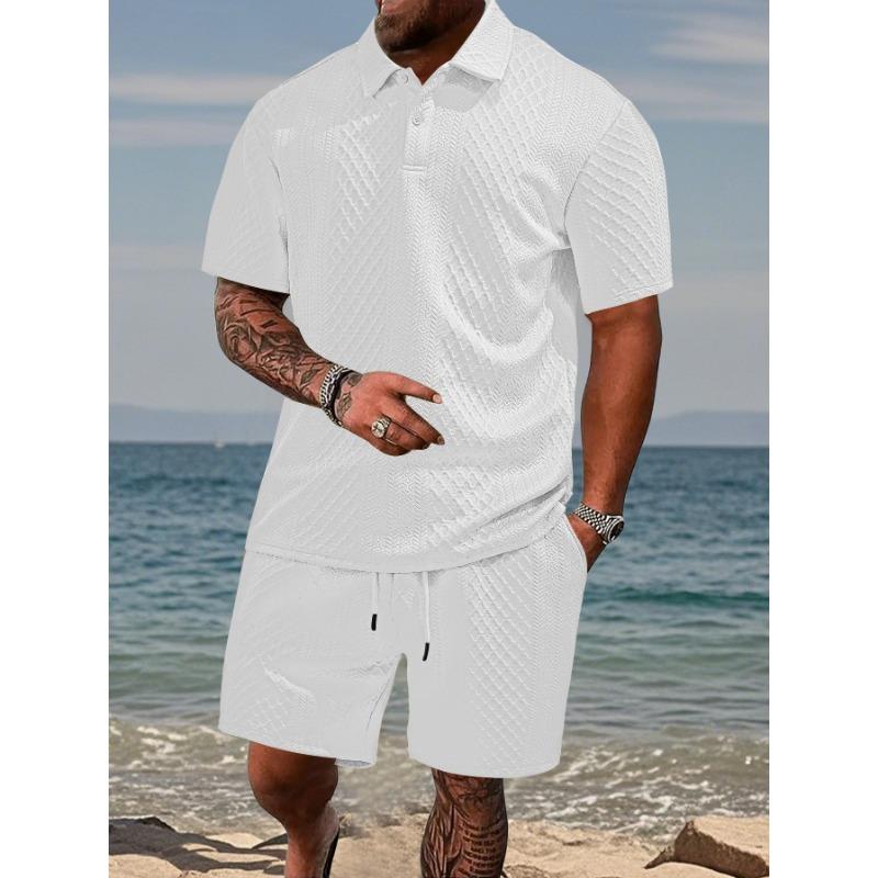 Men s Casual Herringbone Pattern Polo Shirt and Drawstring Shorts Set S белый