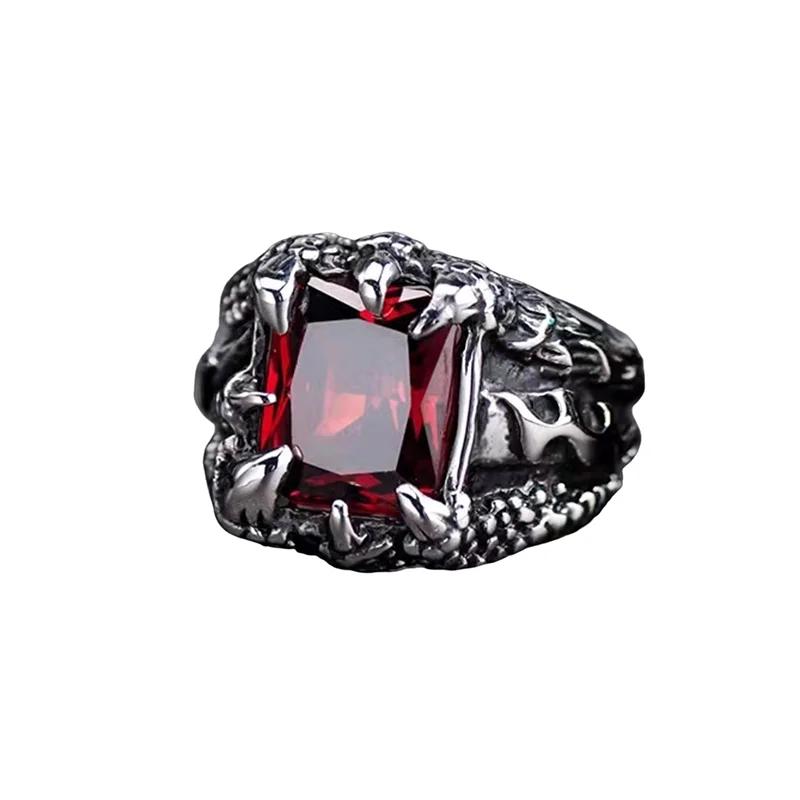 Gothic Blue and Red Crystal Zircon Evil Demon Dragon Claw Ring for Men Gram Biker Punk Rock Hip Hop Opening Rings Cool Jewelry