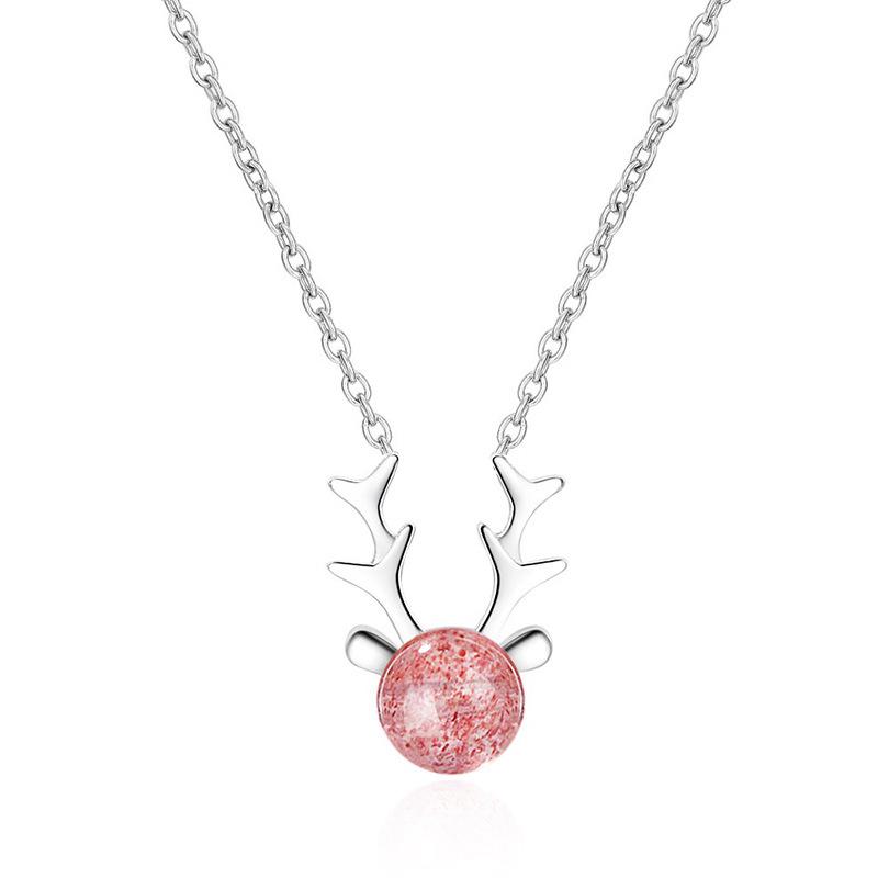 S925 Sterling Silver Antler & Strawberry Crystal Necklace for Women - Fresh, Cute, Simple Clavicle Chain 925 Silver