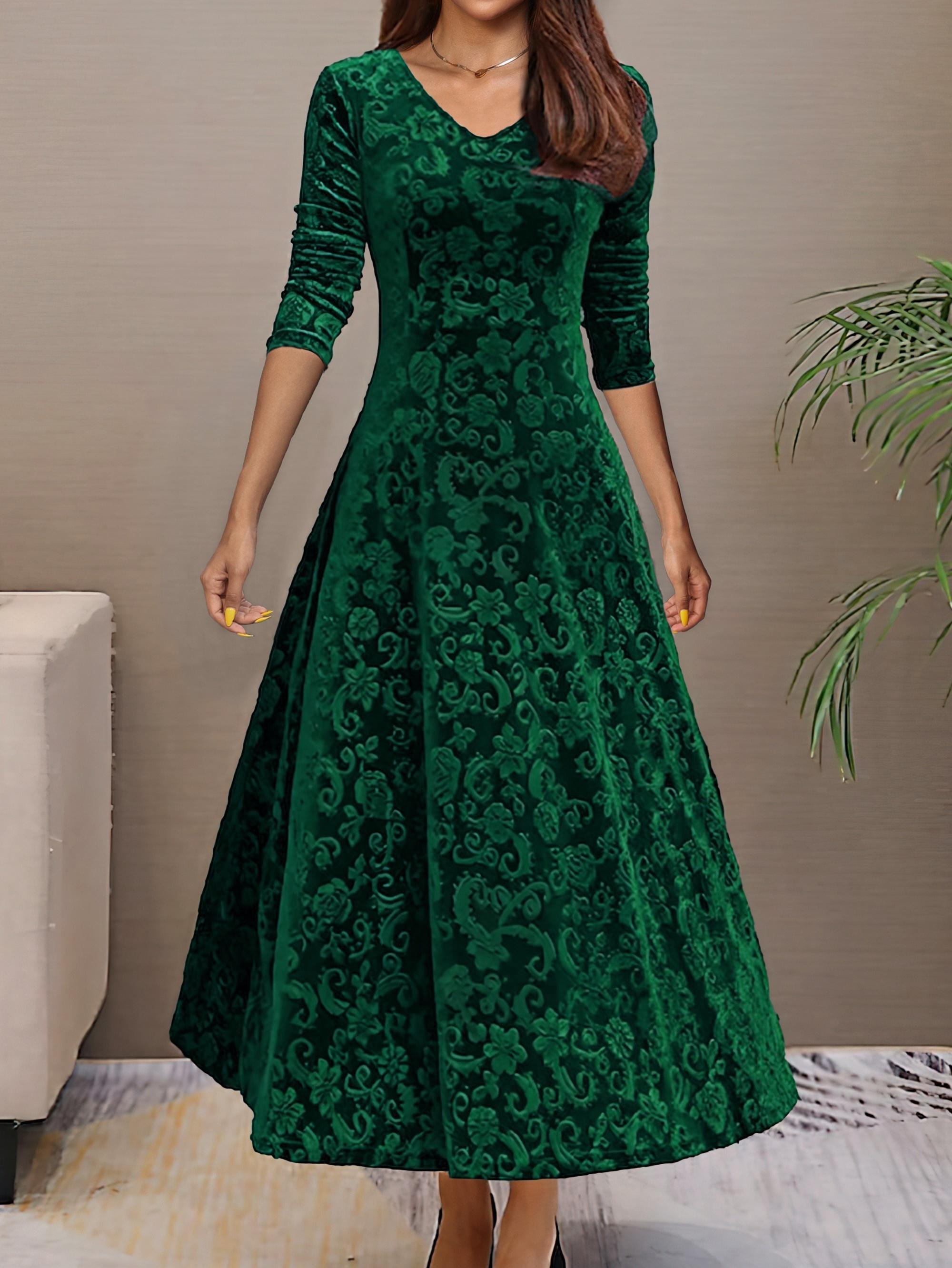 

[Directional Velvet Dress] Directional - Women s Golden Velvet Long Sleeve Dress, New And Thinning Large Swing Skirt Long Style Clothing 4xl зелений