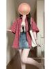 Women's Red Plaid Short-Sleeve Polo Collar Shirt - Summer Loose-Fit Casual Cardigan Top, Versatile Style