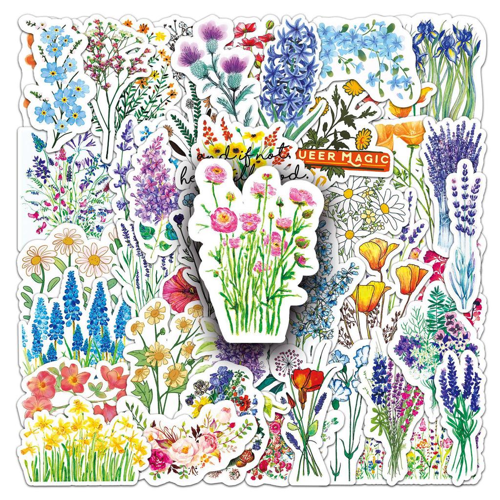50 Colorful Flower Cartoon Plant Stickers for DIY Notebooks, Journals, Skateboards, and Luggage Decoration