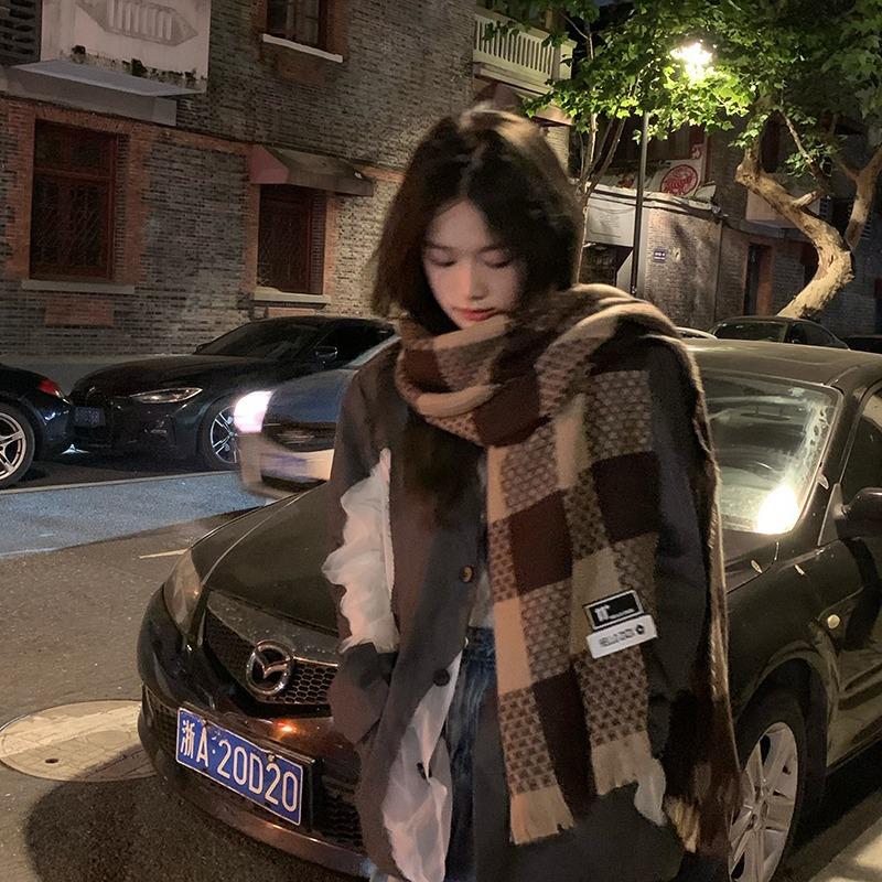 Autumn and Winter Japanese Korean Style Retro High End Plaid All Match Imitation Cashmere Scarf Thickened Neck Scarf Long Shawl