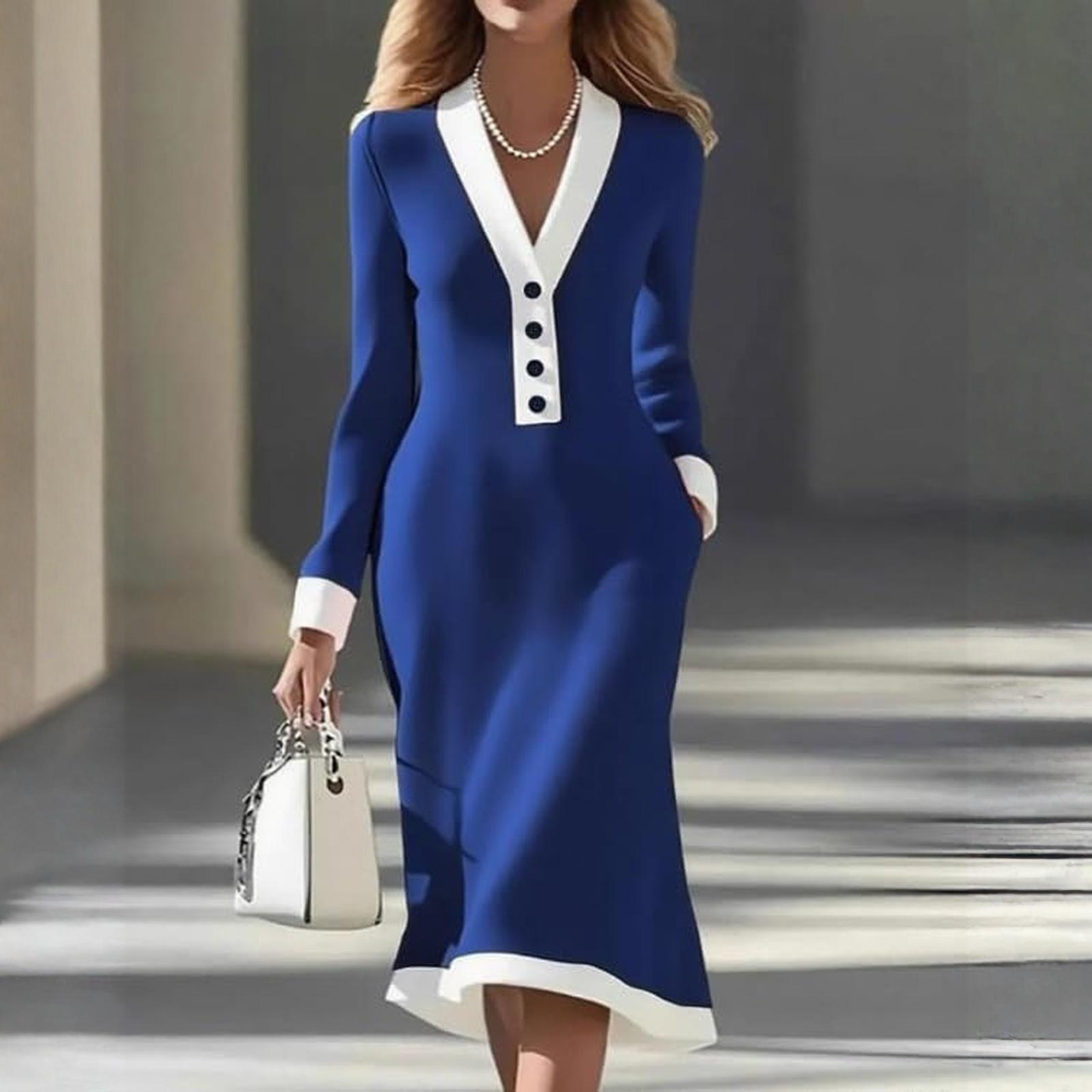 

Женское элегантное двухцветное миди-платье с V-образным вырезом для работы L синий