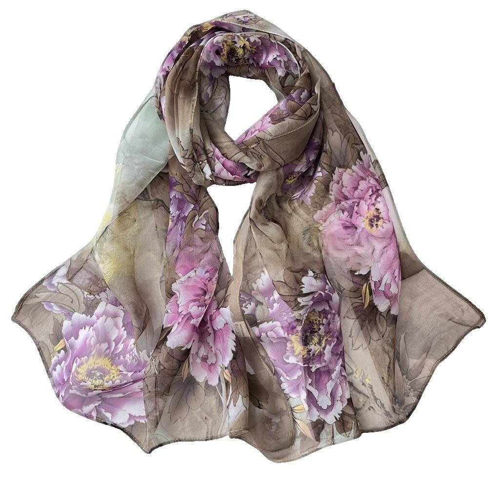 Four Seasons Thin Soft Chiffon Women Peony Flower Printing Beach Silky Georgette Scarf Shawls Long Wraps Beach Sunscreen Hijab