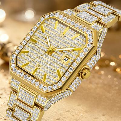 Luxus Volldiamant Uhr Herren Elegant Bling Strass Armbanduhr Datum Wasserdicht Iced Out Quadratisch Quarz Uhr