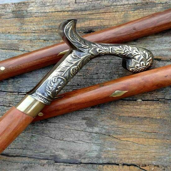 Bastón de Madera con Empuñadura de Latón de Diseño Vintage Victoriano de Estilo Antiguo