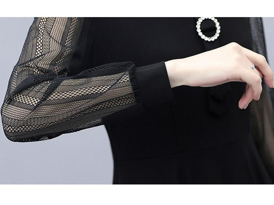 Dream 0121 Plus Size Women's V-Neck Lace Patchwork Dress with Long Sleeves - Slimming, Flattering Black Skirt