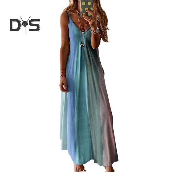 Women's Spaghetti Strap Gradient Long Dresses Summer Casual V Neck Flowy Maxi Dress Loose Beach Sundress