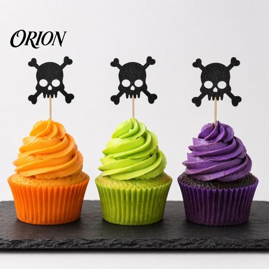 Cake Topper 8 Pcs Halloween Glitter Cupcake Picks, Spooky Black Skull Toppers, Gothic Birthday Party Decoration for Supplies Stiff Stability